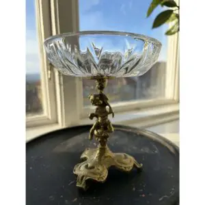 Vintage Glasskål på Fot med Mässingsdetaljer